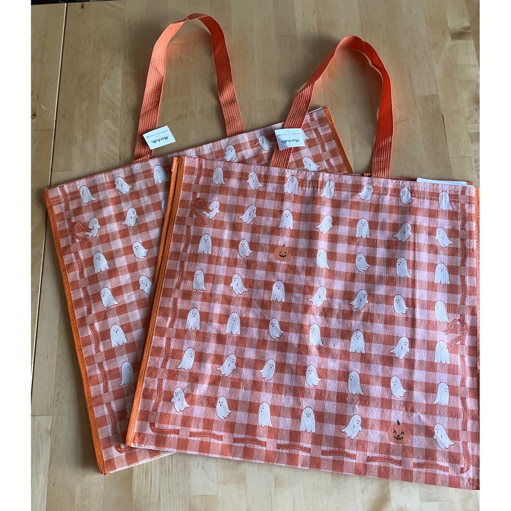 Marshalls Halloween Reusable Tote Bags Set of 2 Orange Gingham Ghost Pumpkin NEW